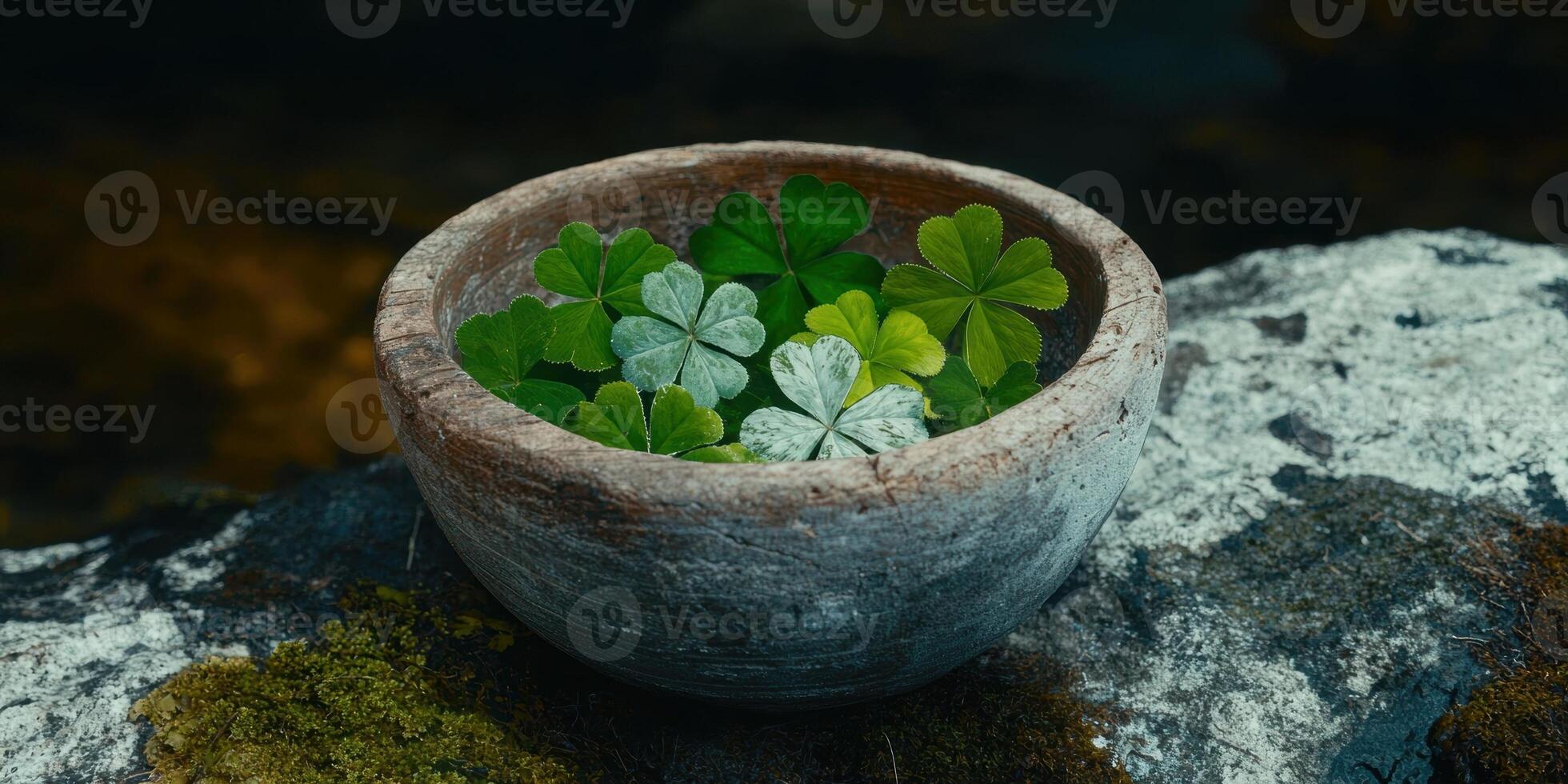 A bowl of shamrocks on a rock photo