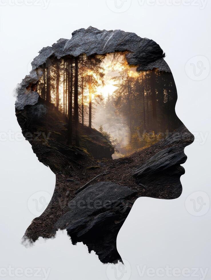 Silhouette of a human head filled with a forest landscape, representing nature and the mind photo