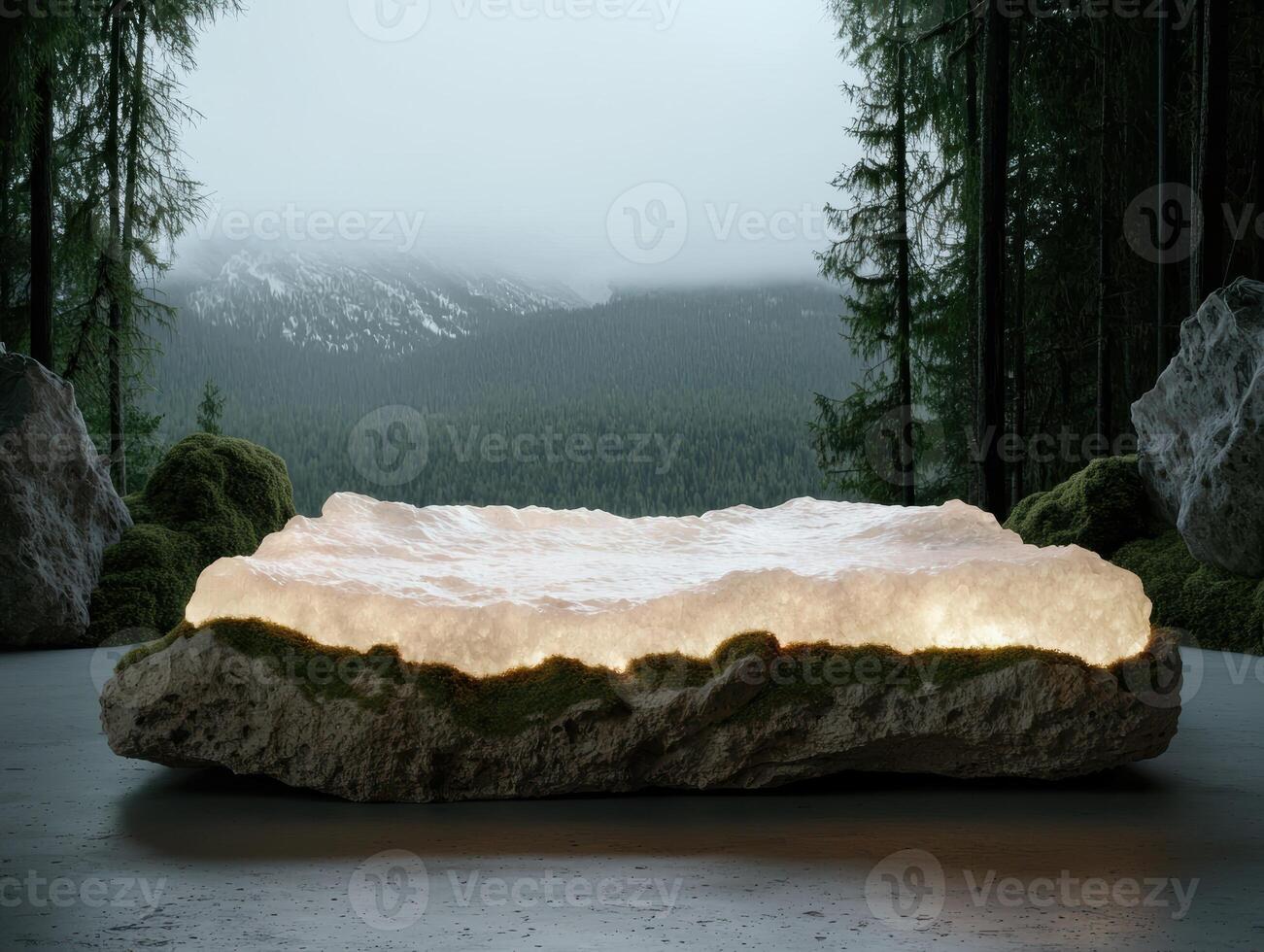 Illuminated stone platform in a forest setting with mountains in the background photo