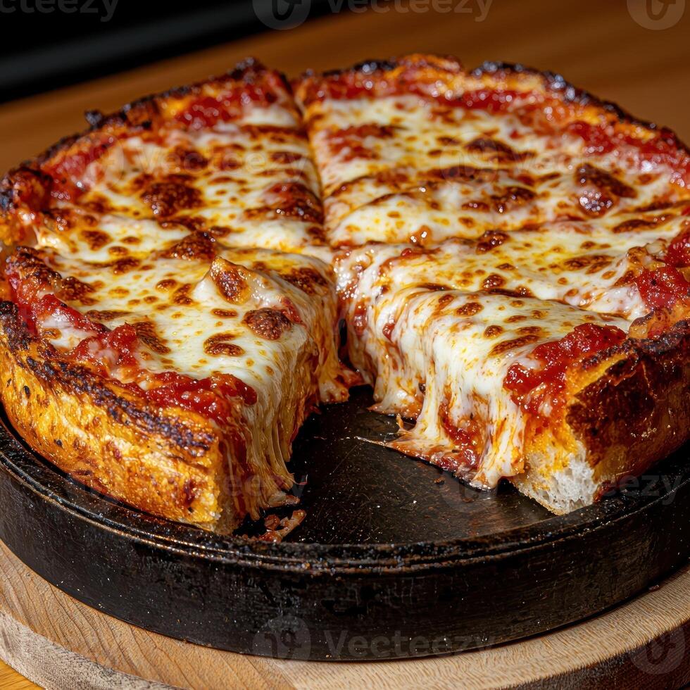 A delicious deep dish pizza with melted cheese and tomato sauce photo