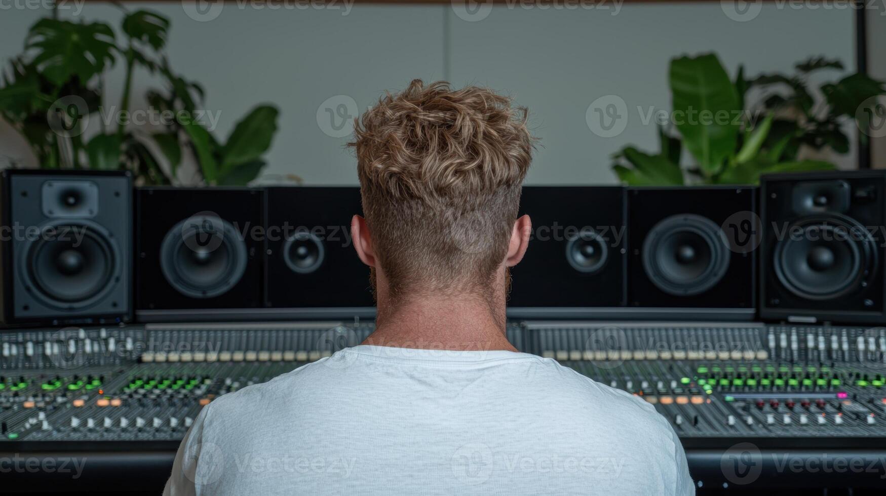 Man working on audio mixing console in recording studio photo