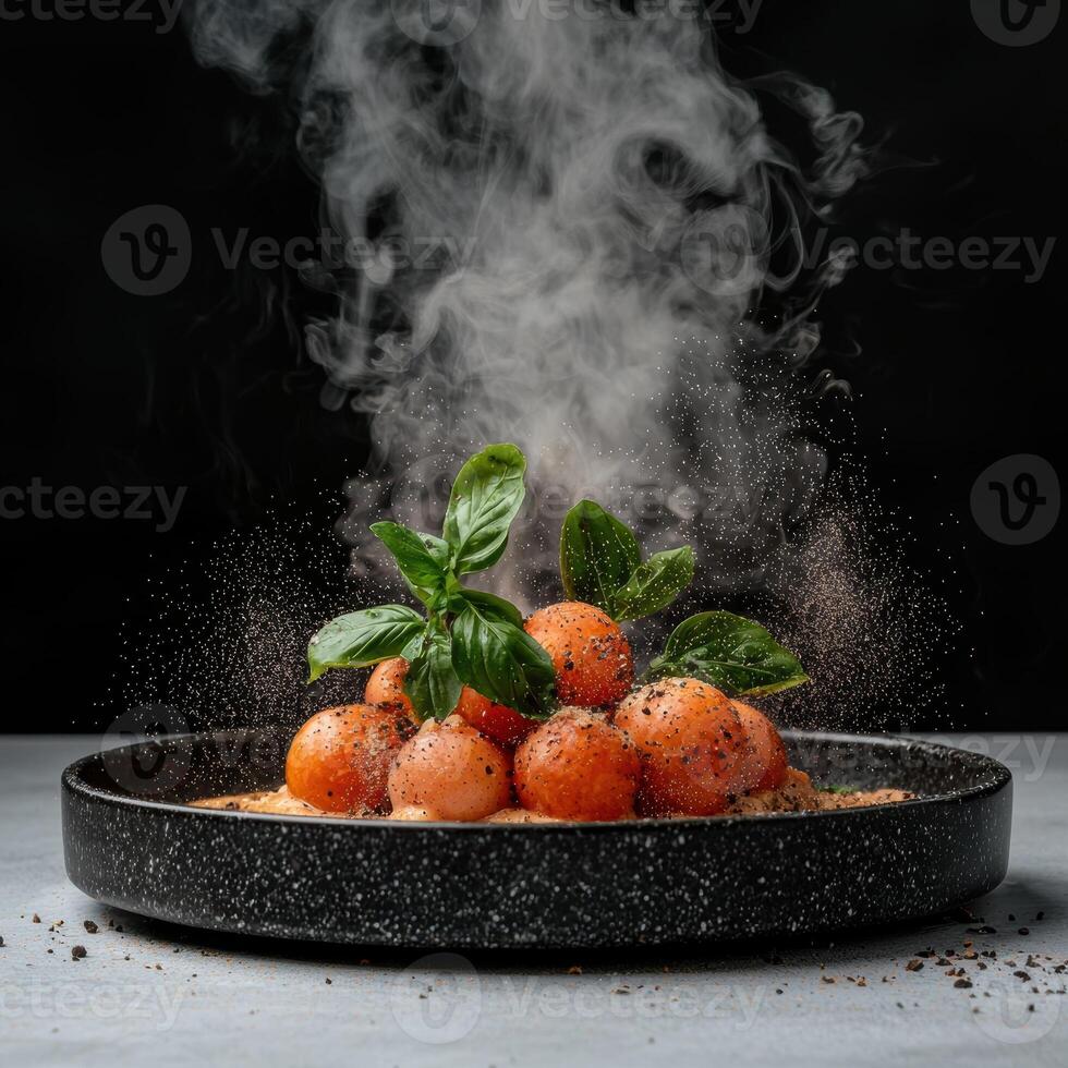 A plate of steaming tomato dumplings with basil, sprinkled with seasoning photo