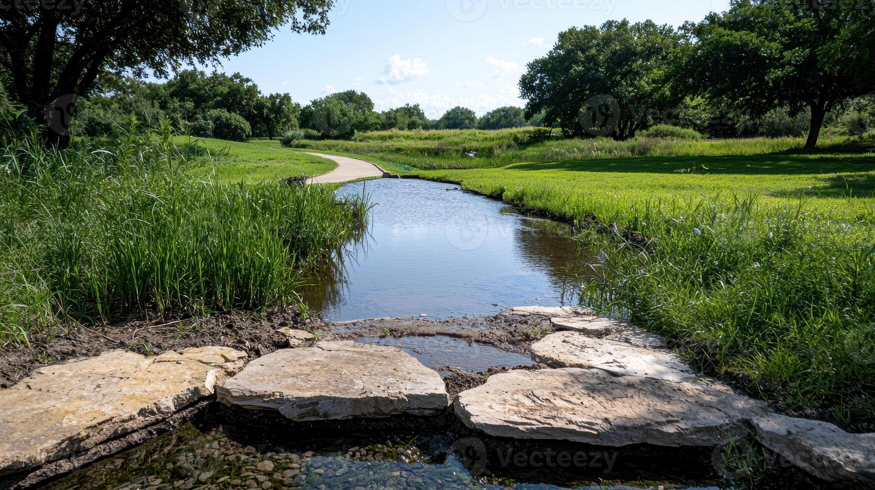Scenic view of a creek flowing through a lush green landscape photo
