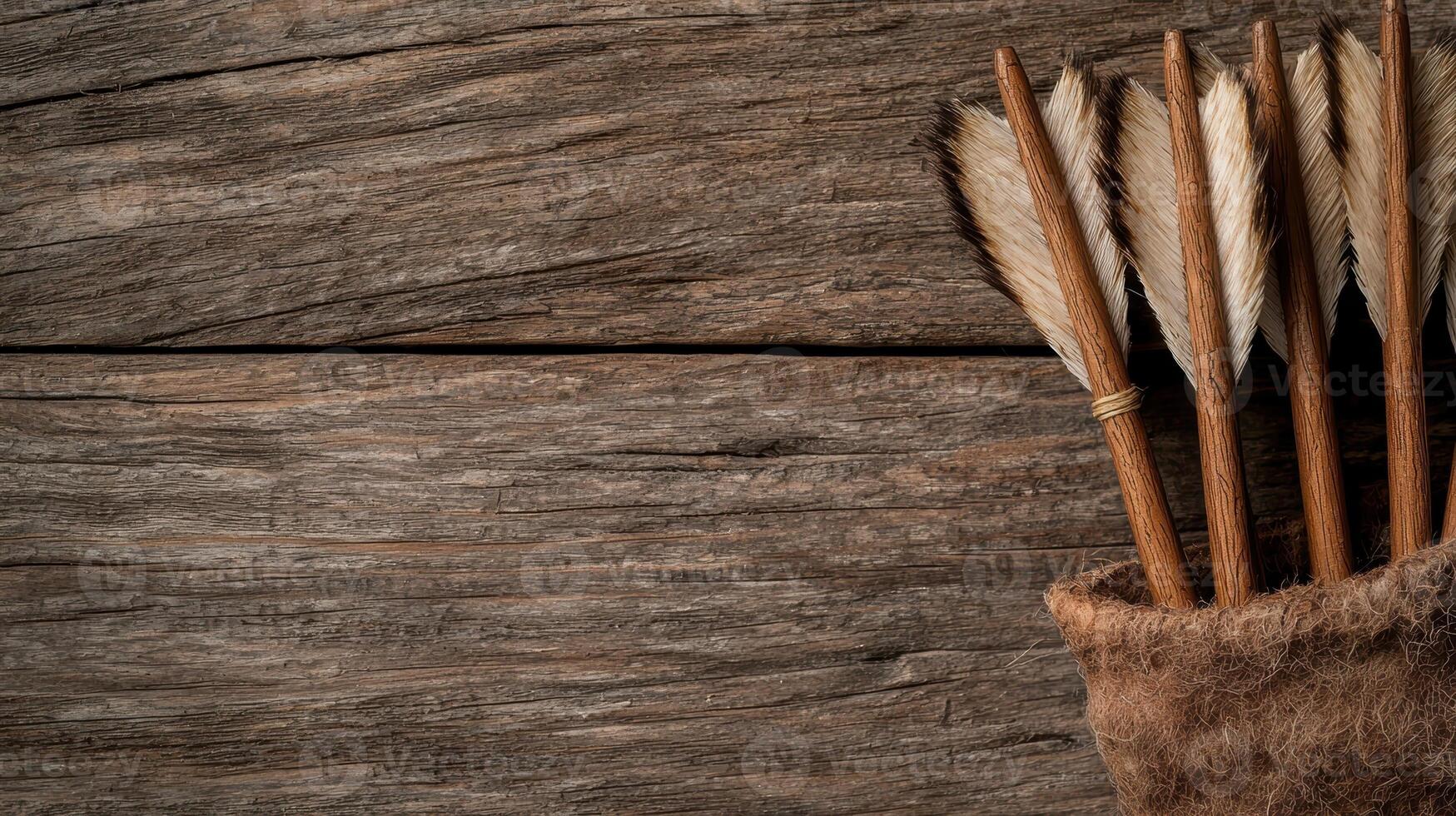 Rustic arrows in a quiver on a wooden background photo