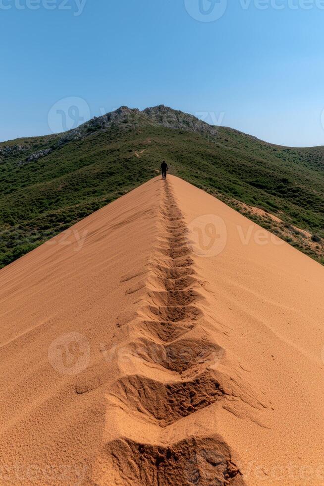 A lone figure walks along a sandy ridge towards a green mountain under a clear sky photo