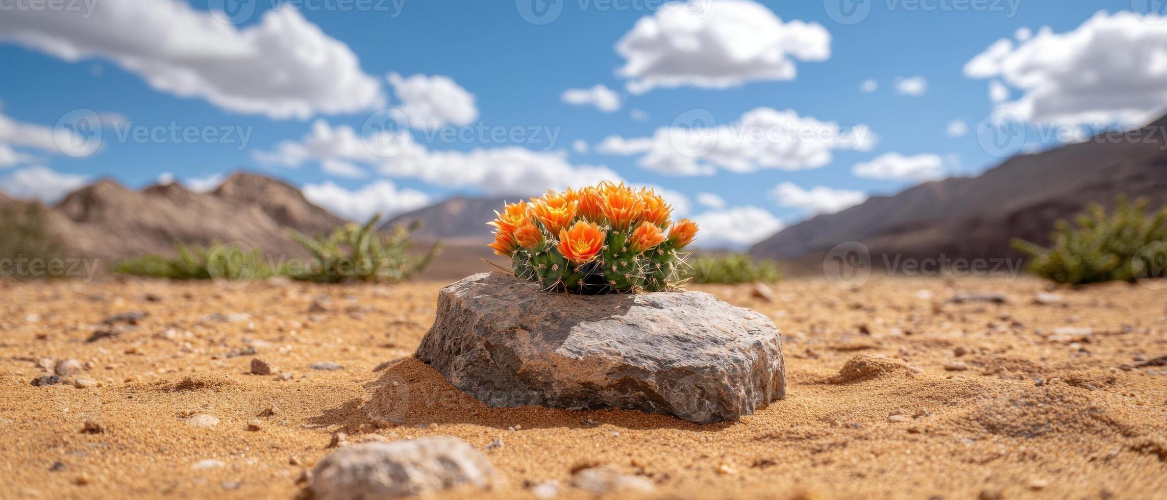 Flowering cactus on a rock in the desert photo
