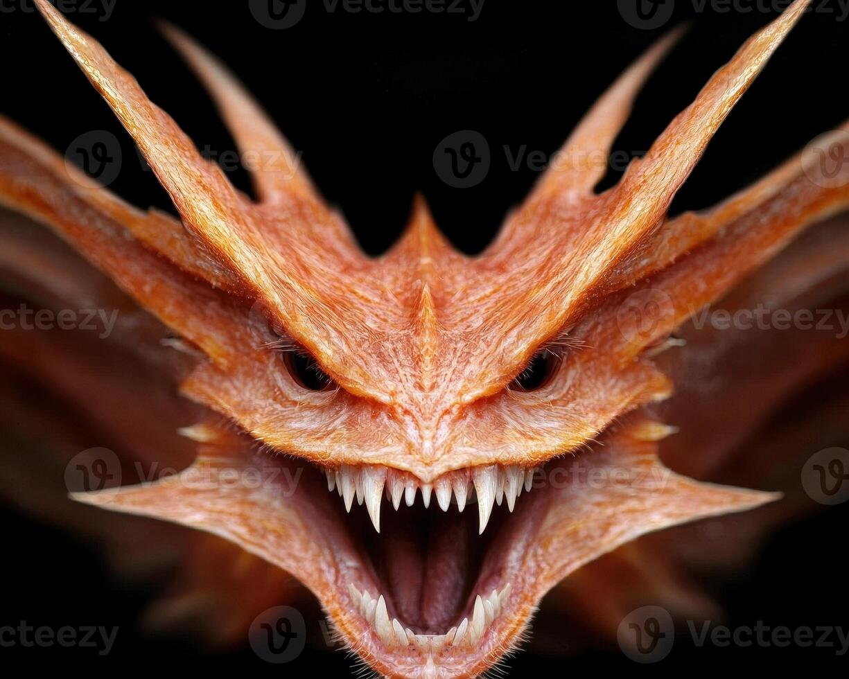 A ferocious orange dragon with sharp teeth and a menacing stare photo