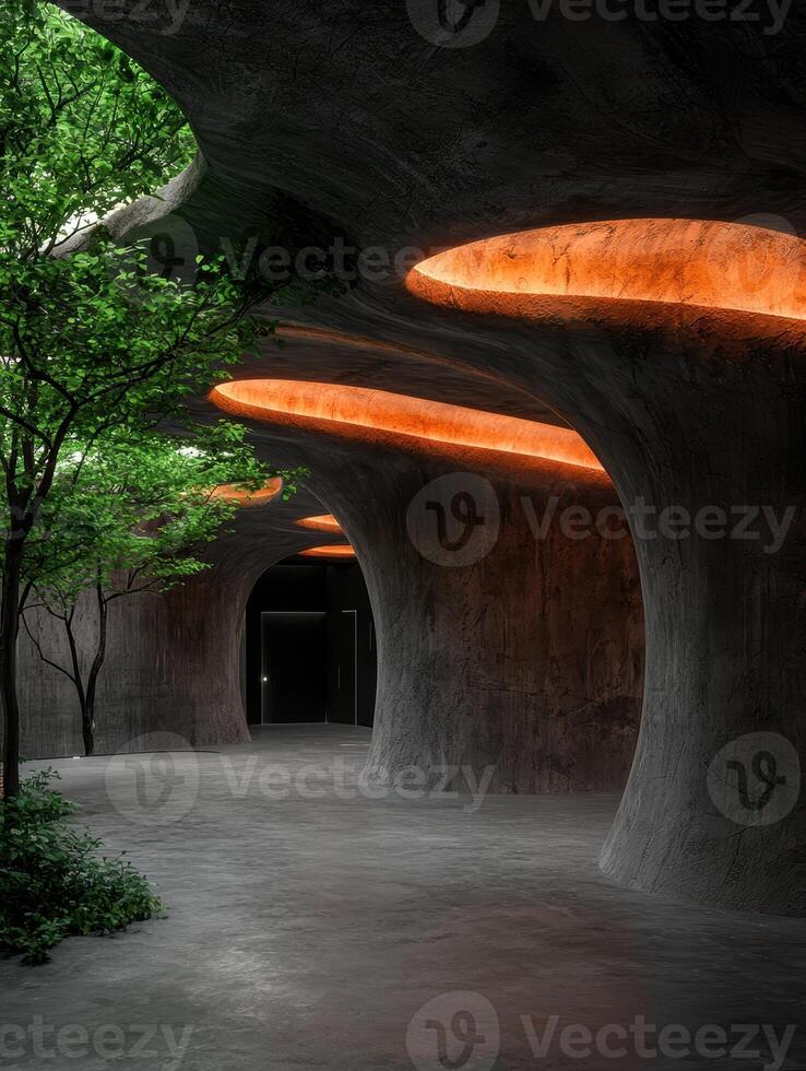Modern architecture with trees and illuminated ceiling lights photo