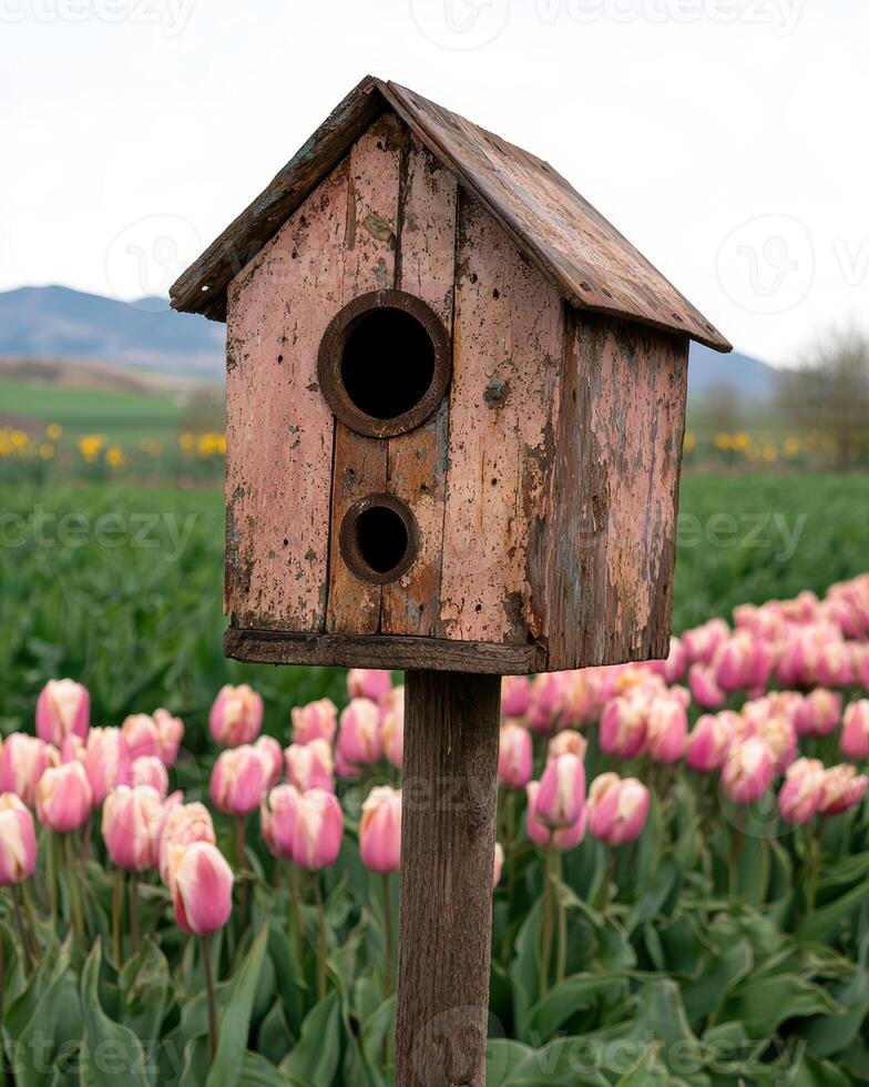 Rustic birdhouse surrounded by pink tulips in a field photo
