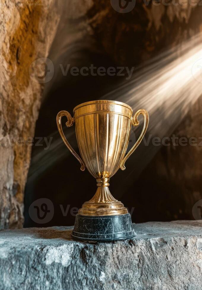 Golden trophy in a cave with light shining on it photo