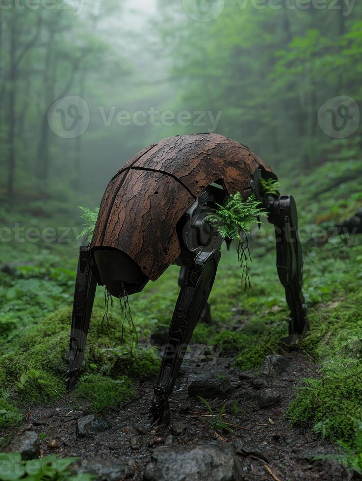 Robot insect walking through a lush forest photo