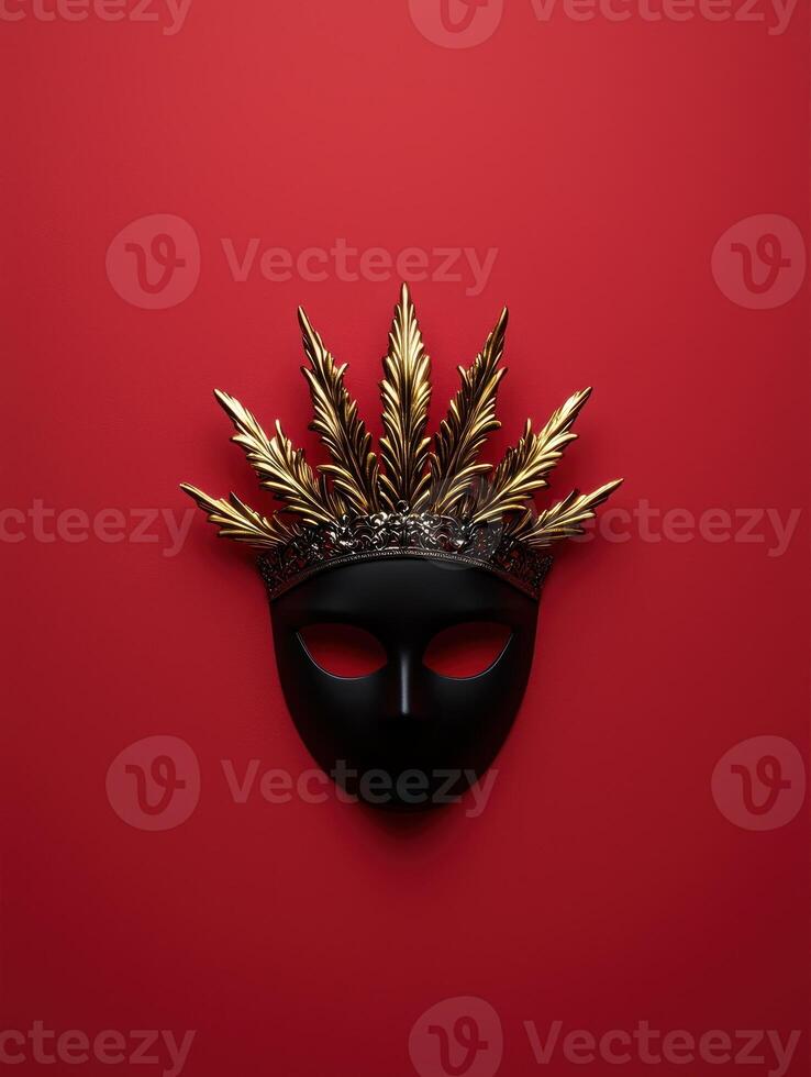Elegant black masquerade mask with gold accents on a red background photo