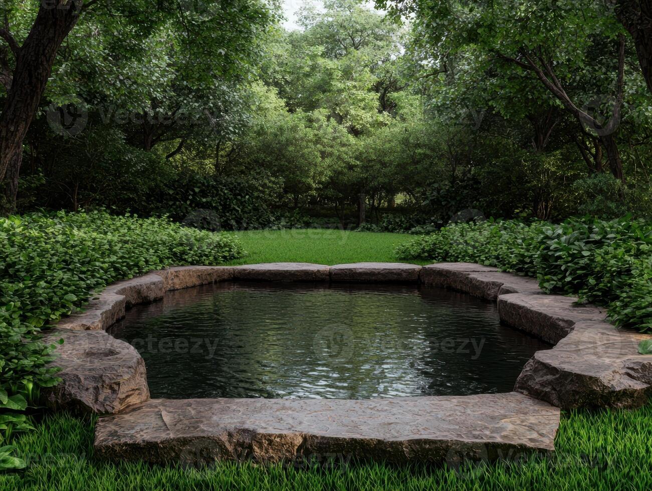 A tranquil pond surrounded by lush greenery in a peaceful garden photo