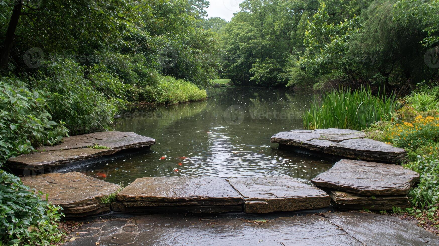 A tranquil pond with stepping stones surrounded by lush greenery photo