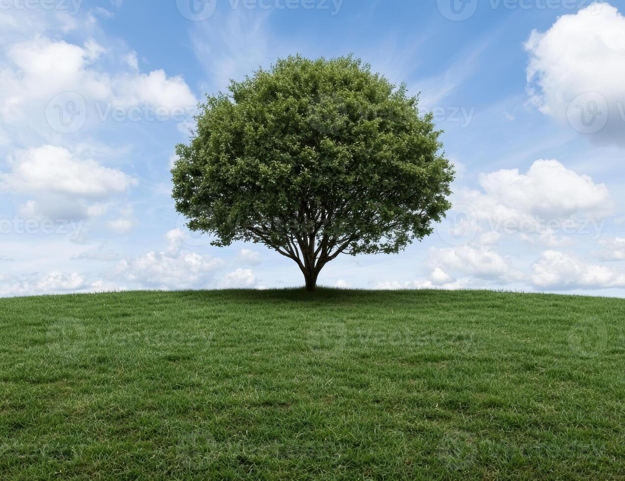 A single tree stands on a green hill under a blue sky with clouds photo