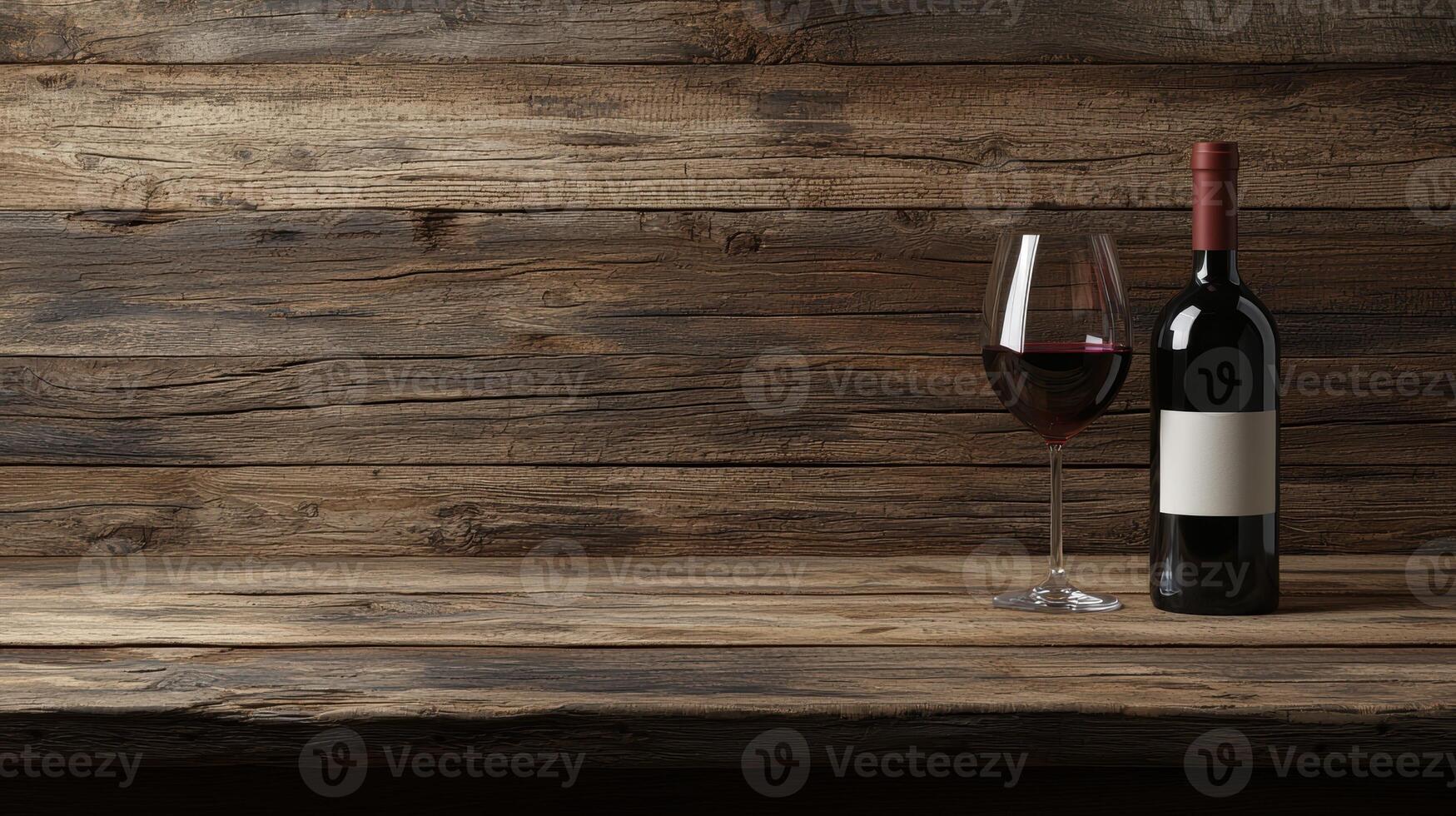 A bottle of red wine and a glass on a wooden table photo