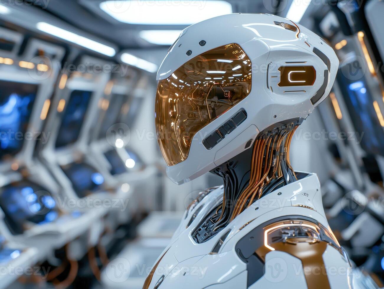 Futuristic humanoid robot in a spaceship interior photo