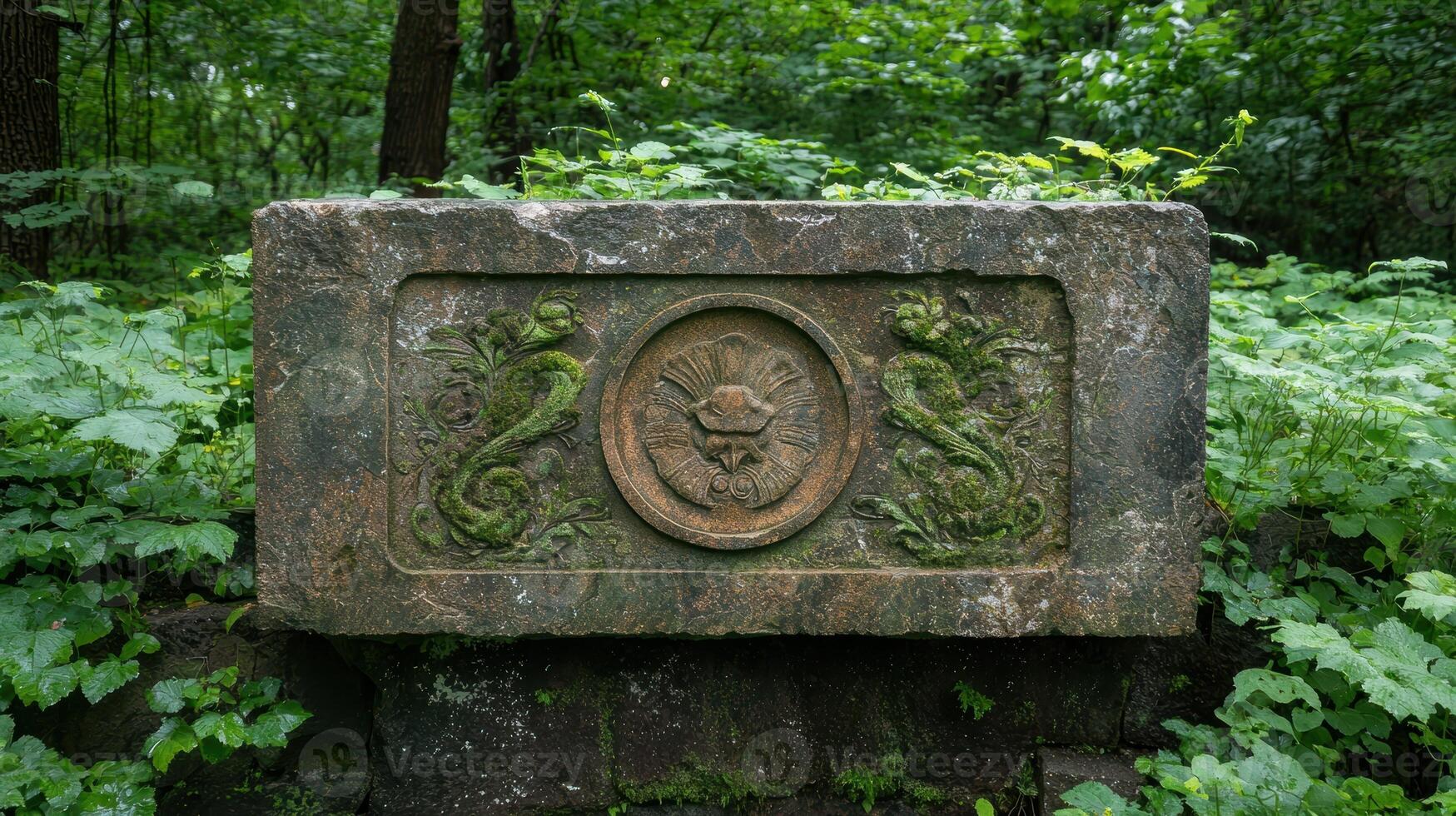 Ancient stone carving with floral and dragon motifs in a lush green forest photo