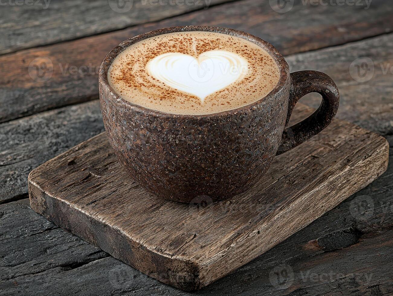 A cappuccino with a heart design on a wooden board photo