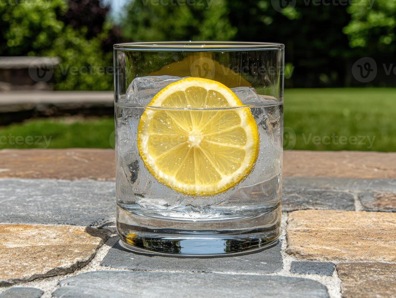 Refreshing glass of sparkling water with lemon and ice on a stone table outdoors photo
