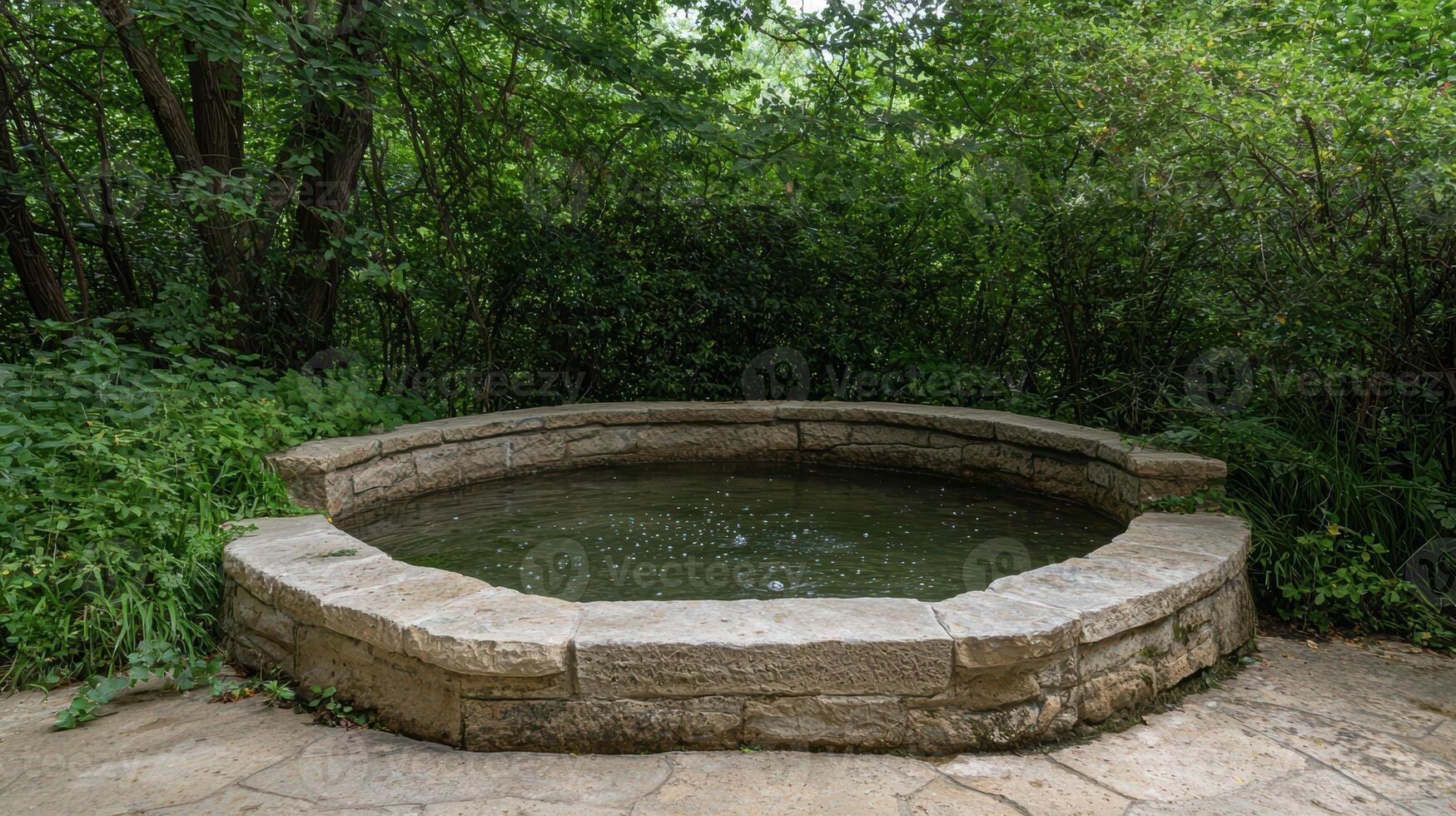 Stone water feature in a lush garden photo