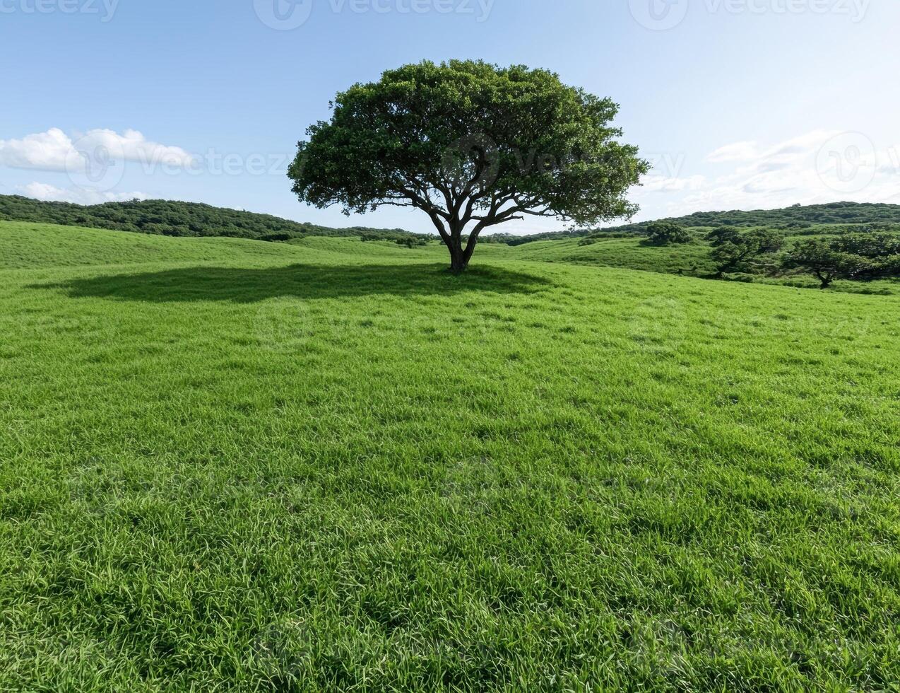 A solitary tree stands in a vibrant green field under a clear blue sky photo
