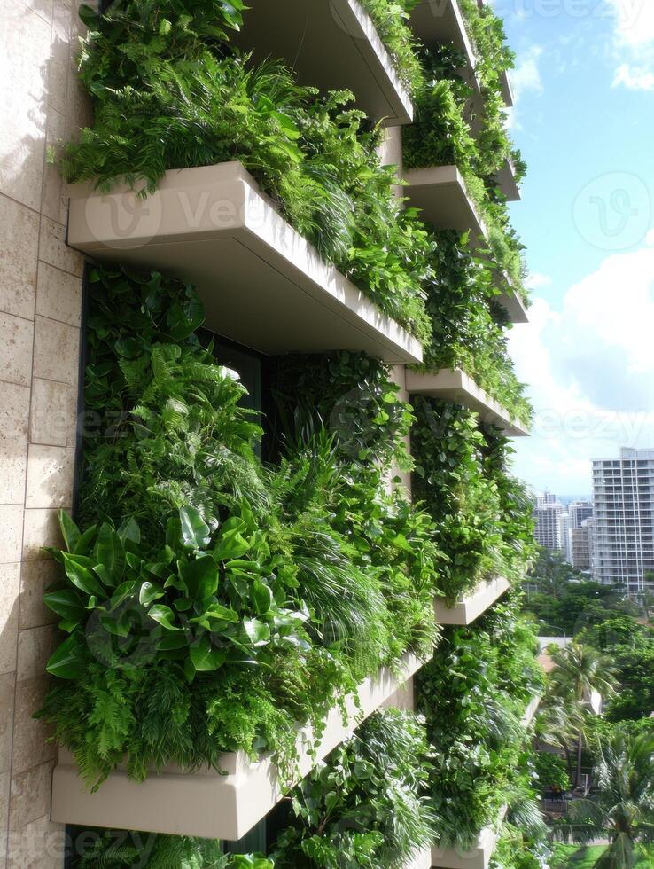 Lush vertical garden on a building facade photo