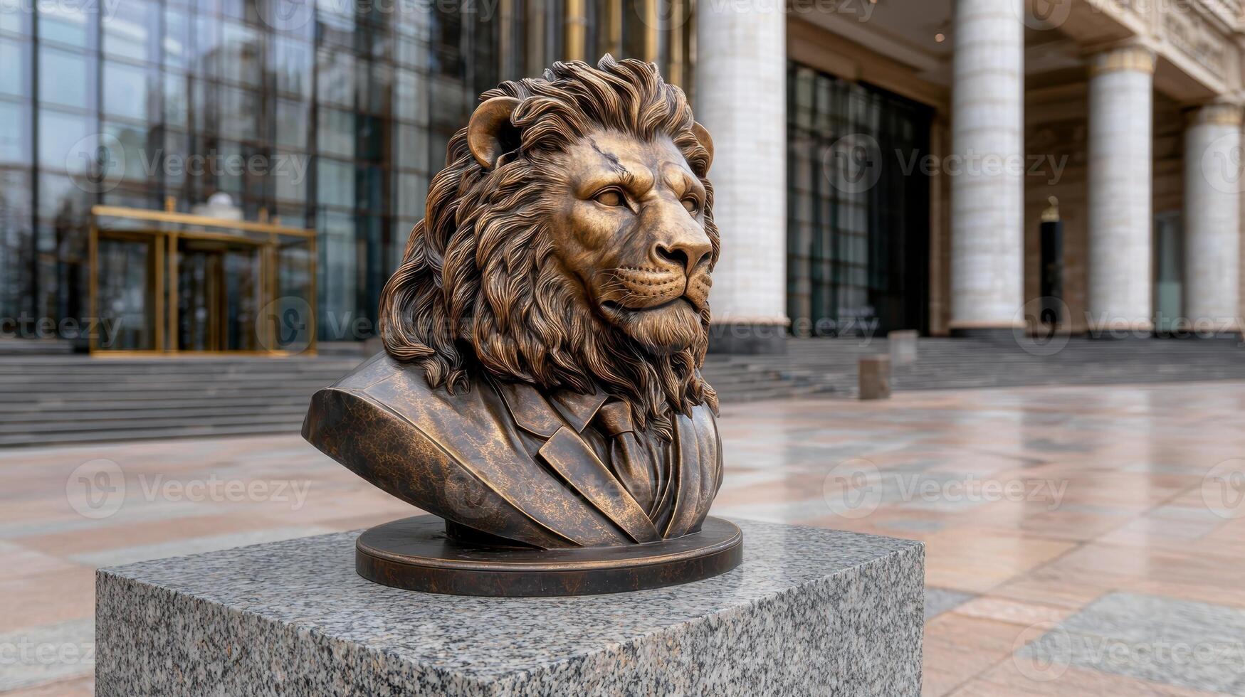 Bronze lion bust wearing a suit in front of a building photo