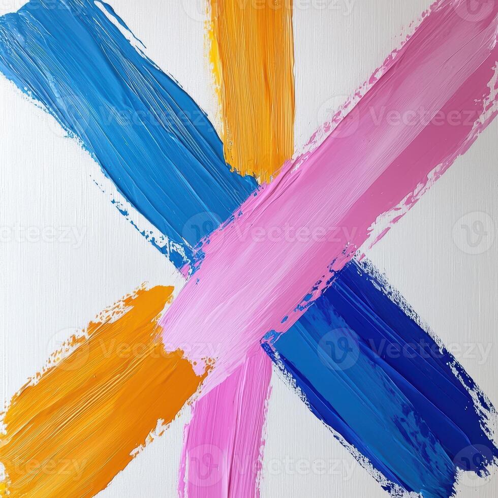 Abstract painting with intersecting brushstrokes in pink, blue, and yellow on a white background photo