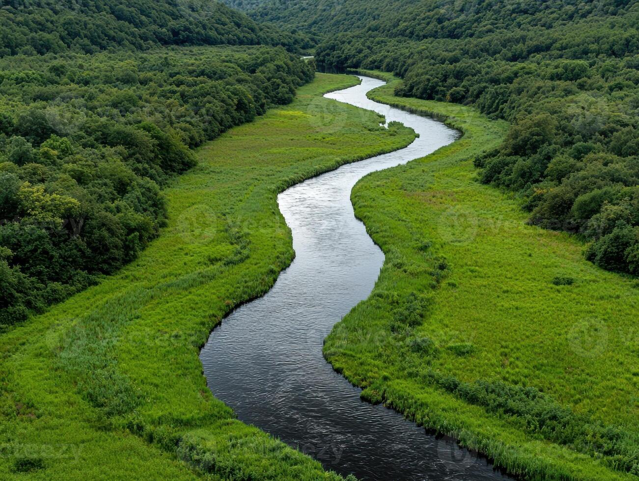 A winding river flows through a lush green valley photo