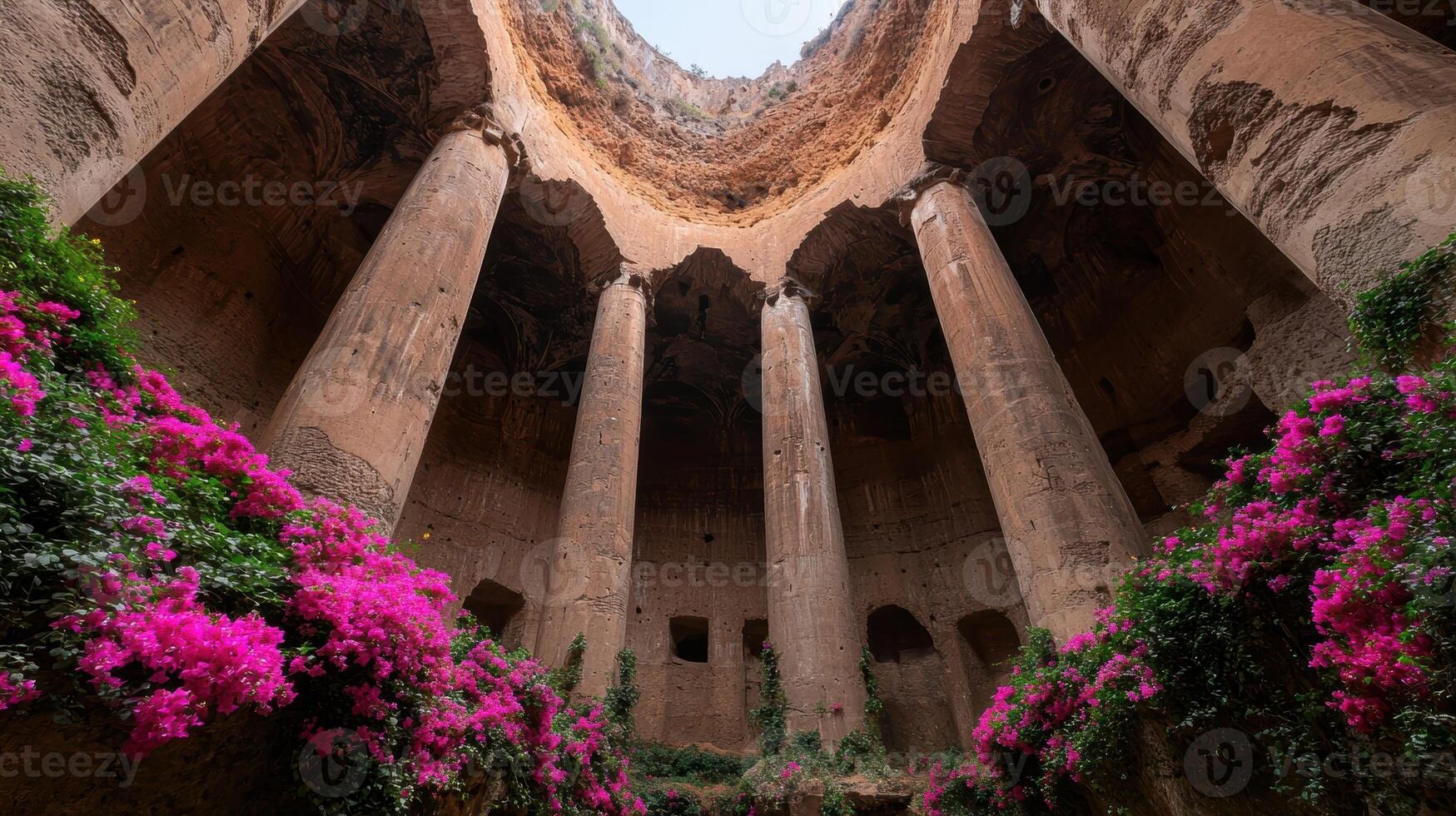 Ancient architecture with pink flowers in a historic setting photo