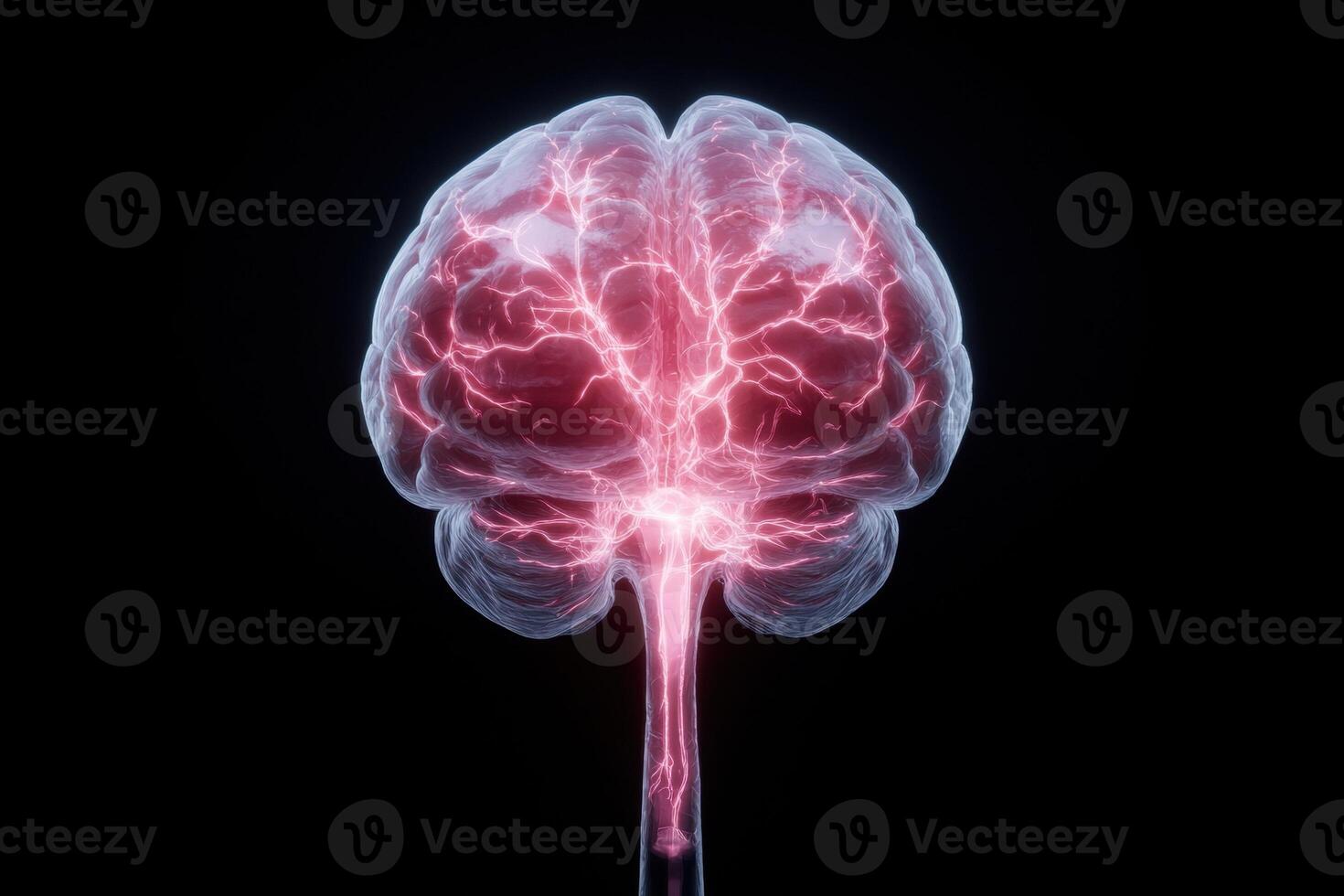 Brain with glowing neural activity on a black background photo
