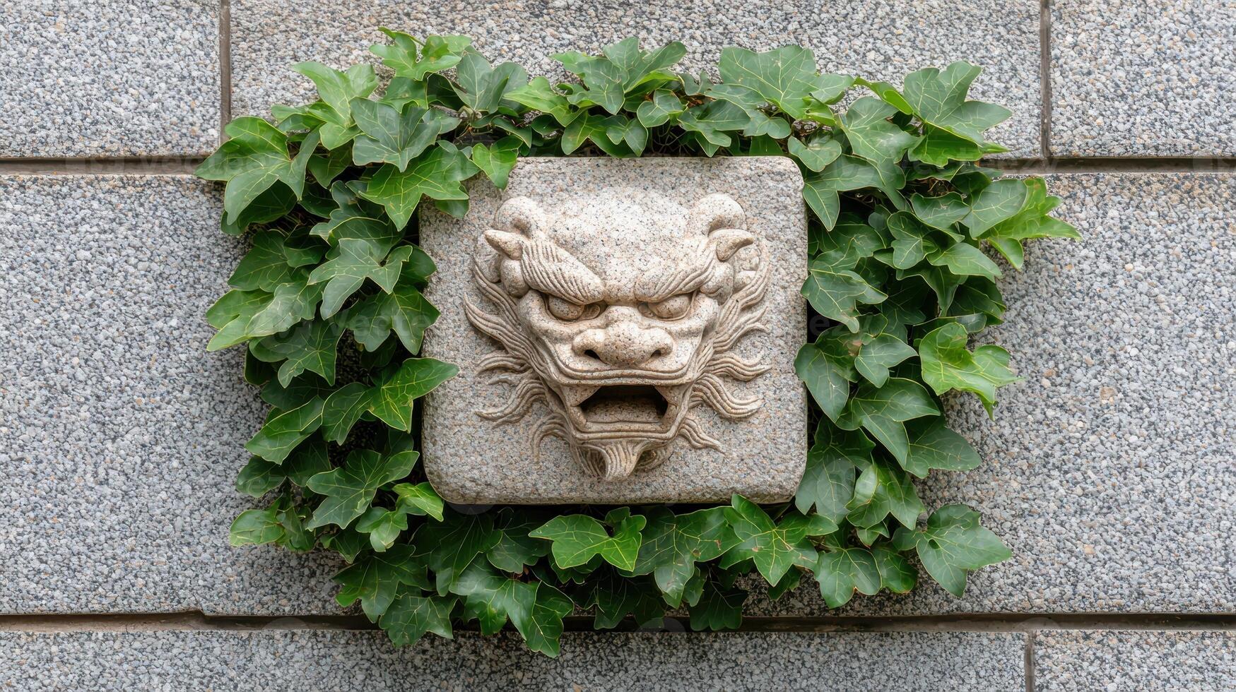 Stone dragon head sculpture on a wall surrounded by ivy photo
