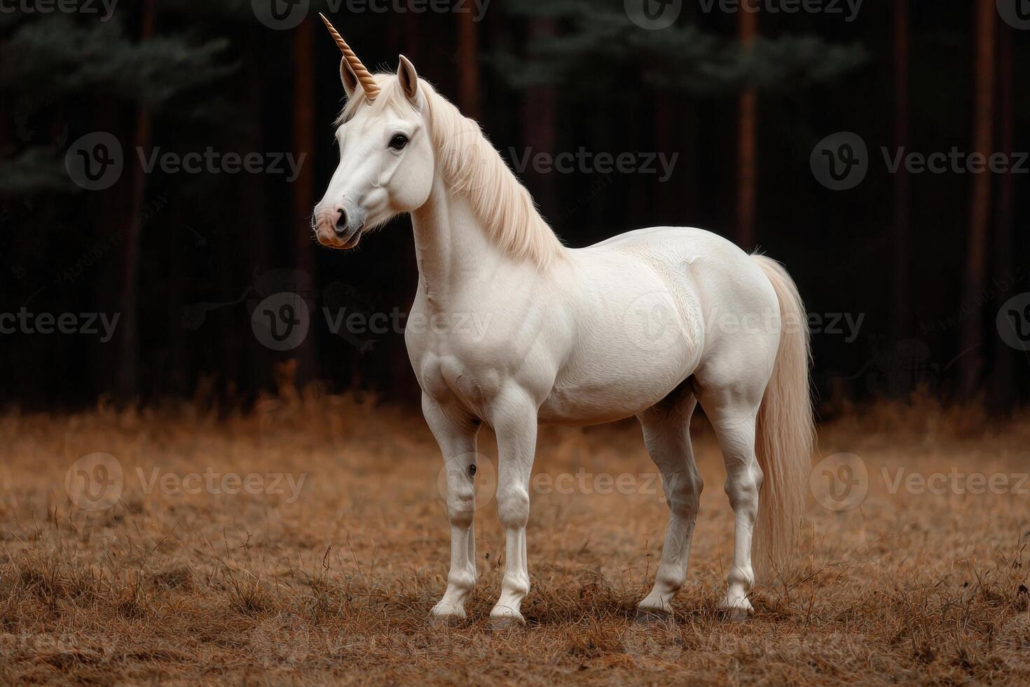 Majestic white unicorn standing in a field. photo