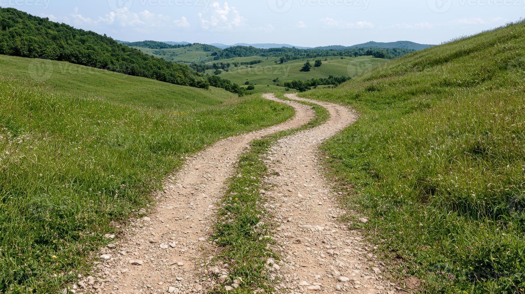 Winding dirt road through a grassy landscape photo