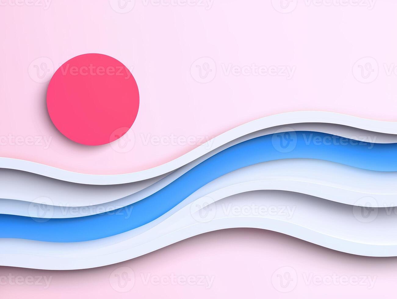 Abstract background with pink sky, red sun and blue waves photo