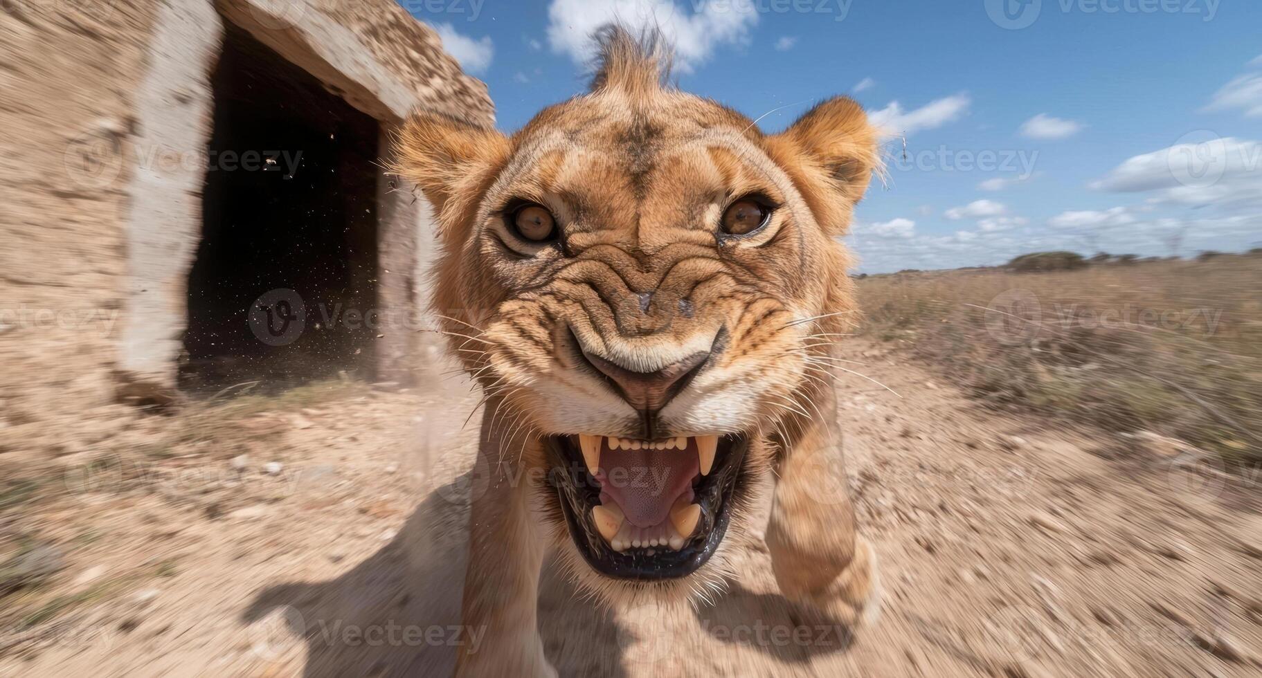 Close up of a snarling lion running towards the camera photo