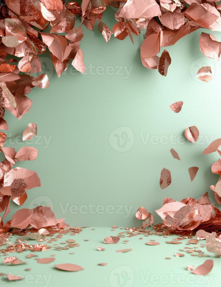 Elegant background with copper leaves and confetti on a mint green surface photo