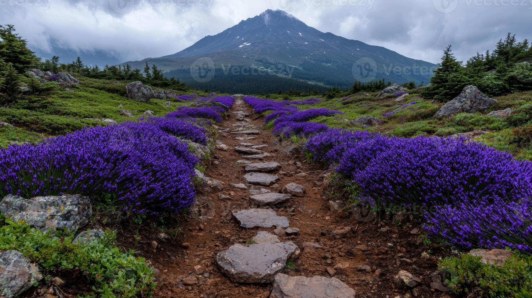 Scenic mountain trail with vibrant purple wildflowers photo