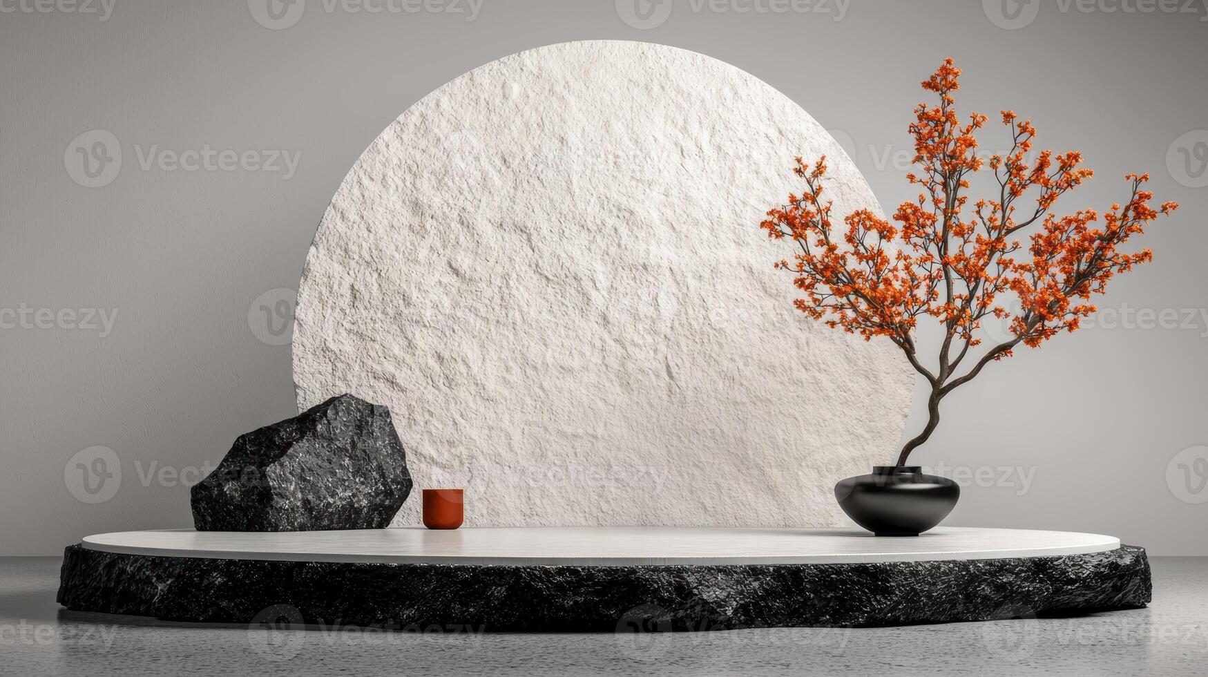 Minimalist product display with stone platform and orange blossom tree photo