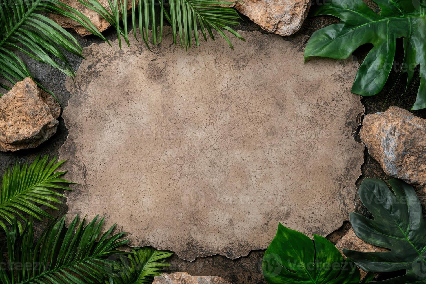 Tropical leaves and rocks frame a textured background photo