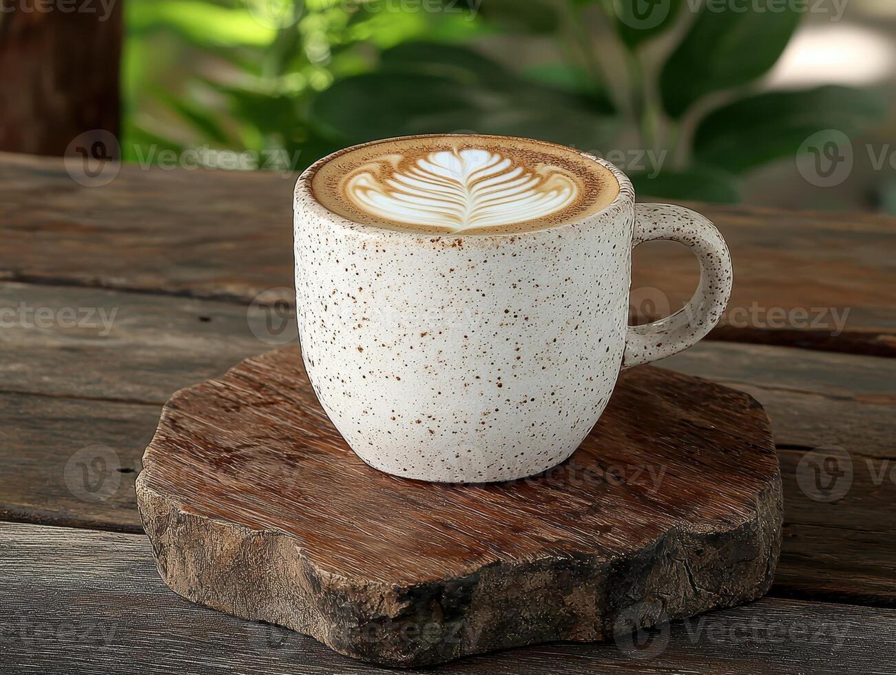 A latte with latte art on a wooden coaster photo
