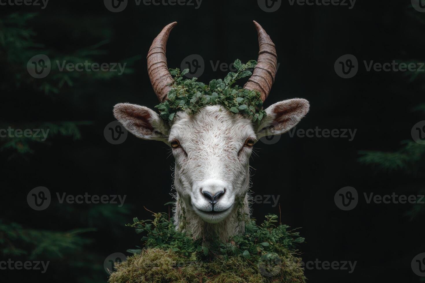 A ram with moss and foliage on its body and head stands in a forest photo