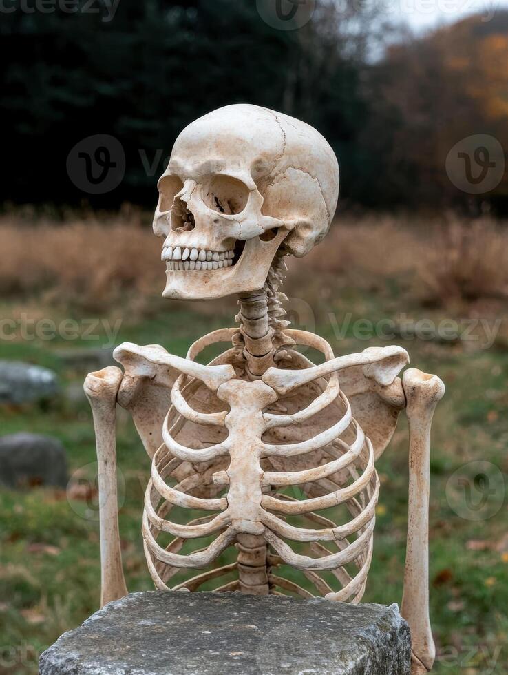 A skeleton sits in a field photo