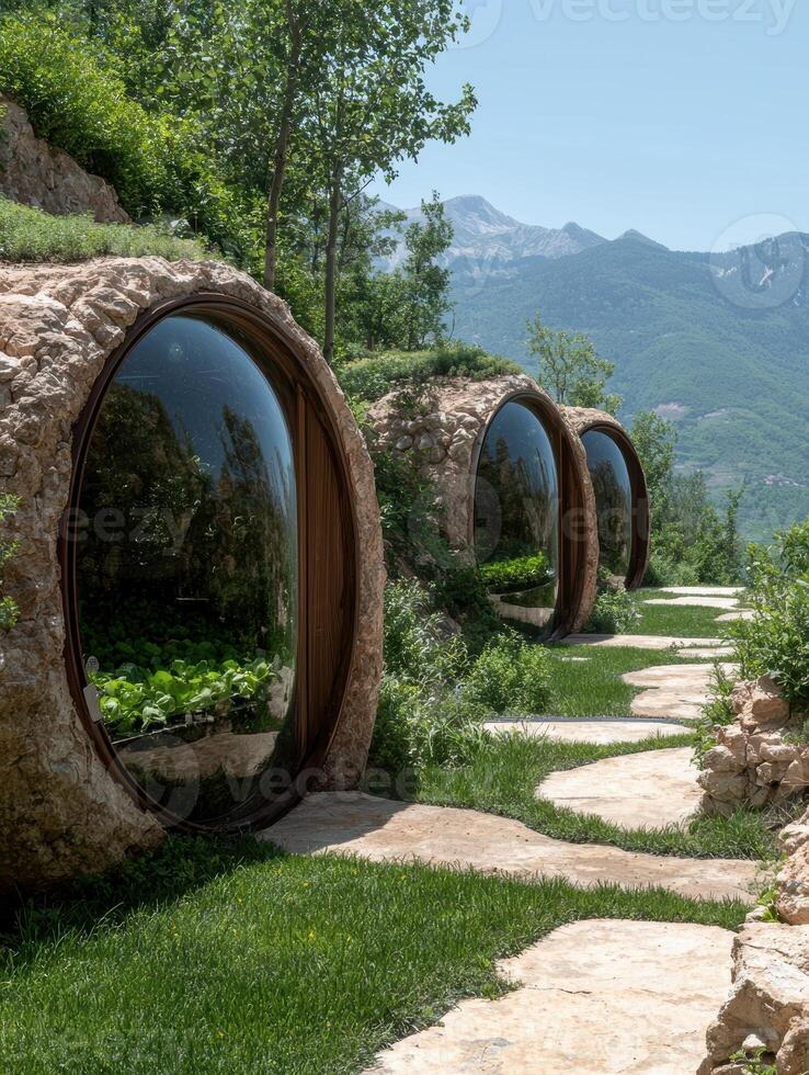 Unique eco friendly hill style homes blend into the natural landscape photo