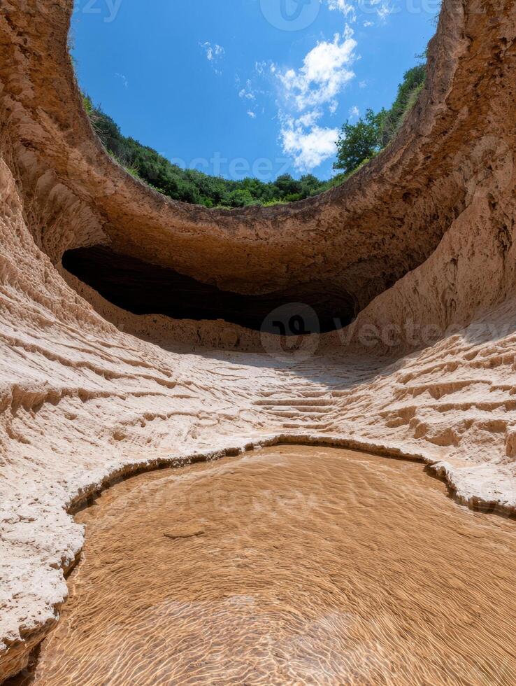 A unique geological formation with a pool of water at the bottom photo