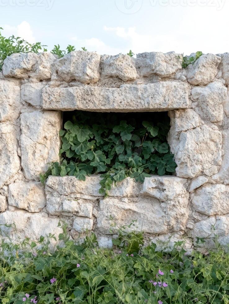 Stone wall with a window overgrown with greenery photo