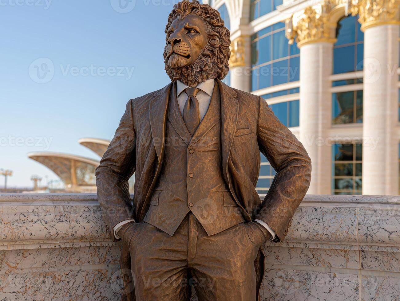 A bronze statue of a lion headed businessman in a suit stands tall photo