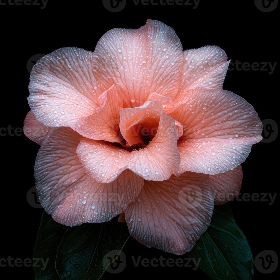 Close up of a pink flower with water droplets on a black background photo