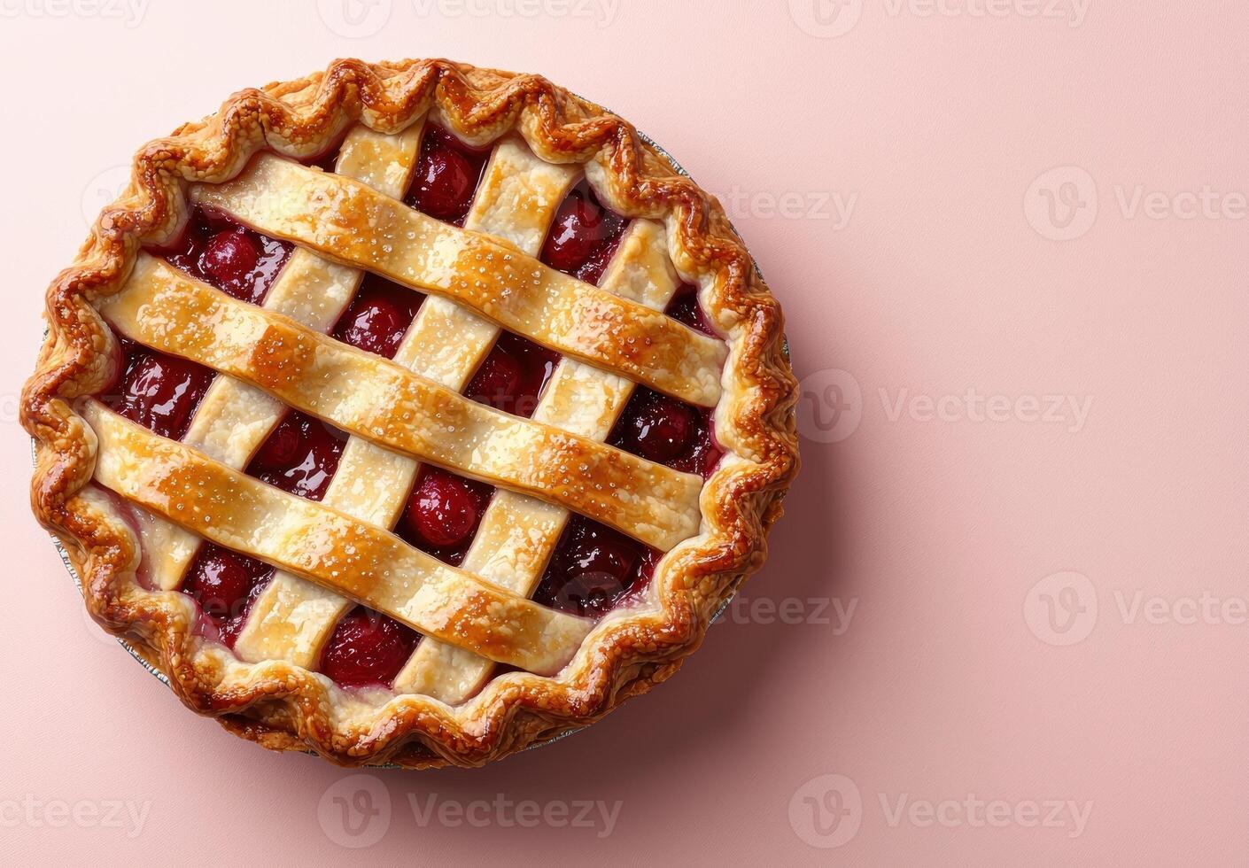 A delicious cherry pie with lattice crust on a pink background photo
